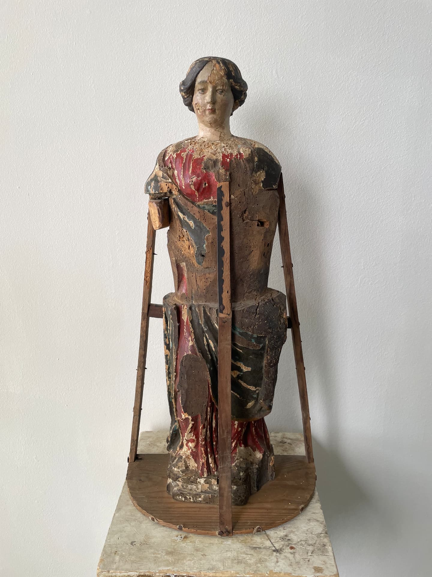 Spanish Polychrome Figure of the Virgin, 16th Century or Earlier, Later Adapted as a Processional Figure