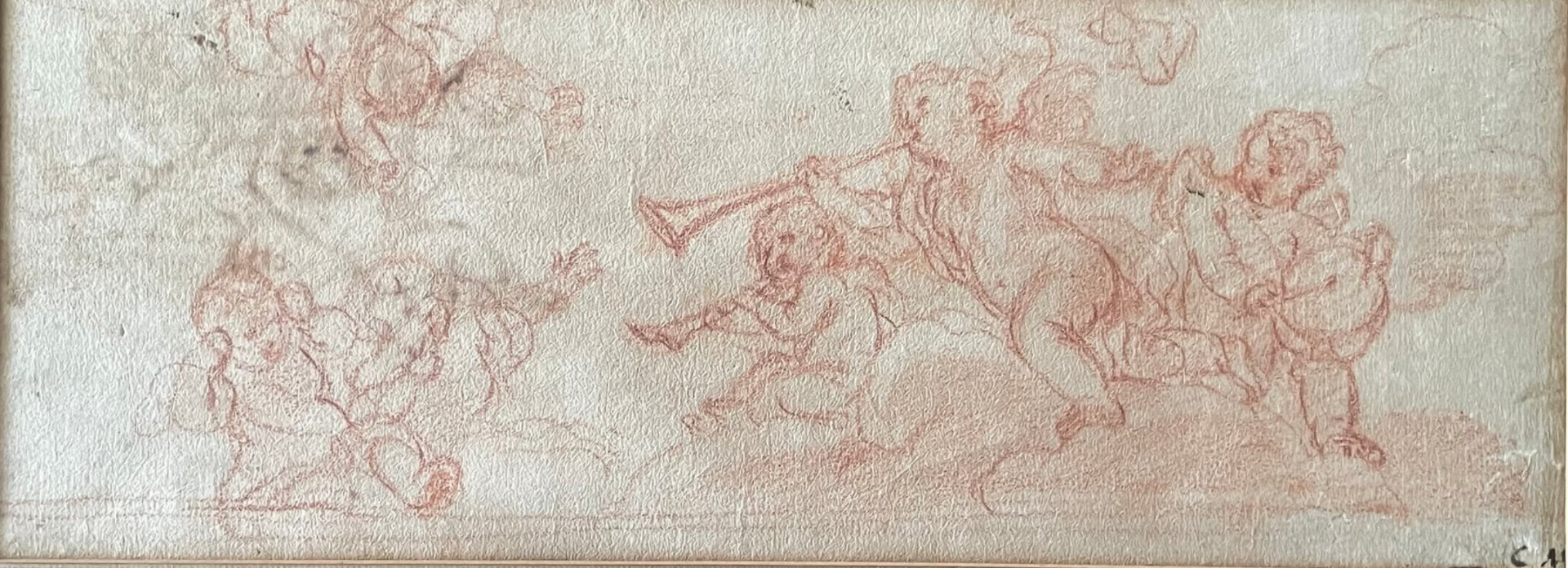 Circle of Carlo Maratti — Putti Making Music Among the Clouds, red chalk on paper, full view