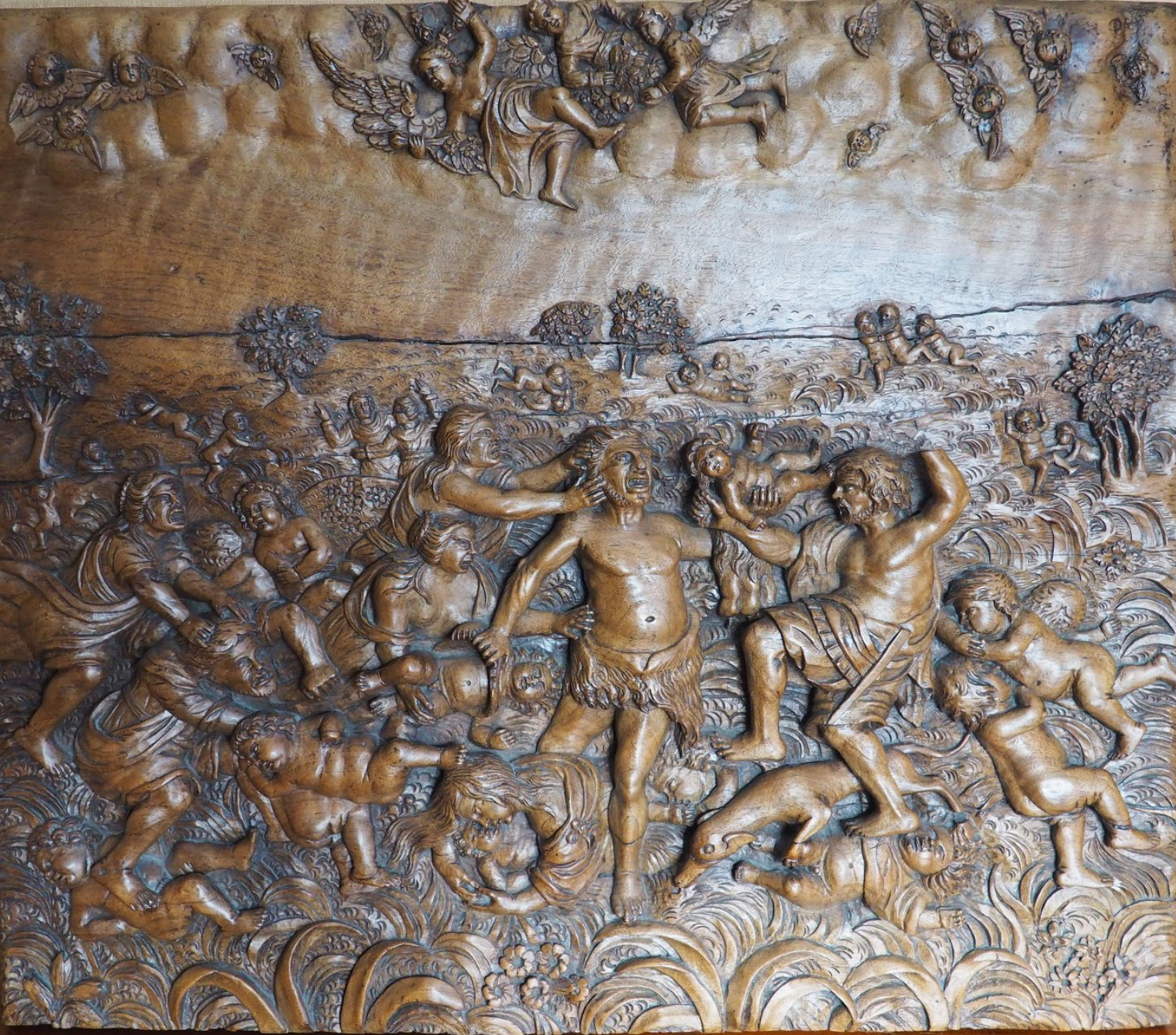 Mechelen 17th-century carved walnut relief panel — The Deluge, full view